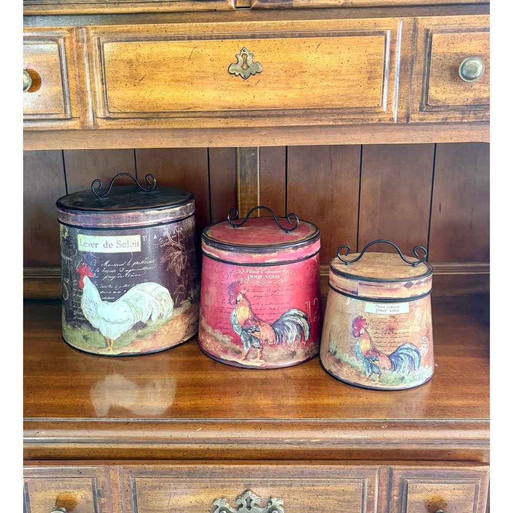 Antique Farmhouse French Country Rooster Canister Set 3 piece kitchen cookware